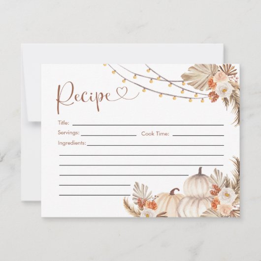 Invitation Boho Rustic Citrouille Fall in Love Recette Card (Devant)