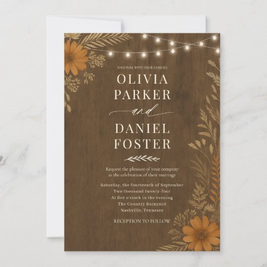Invitation Boho Rustic Country Wood String Lights Wedding  (Devant)