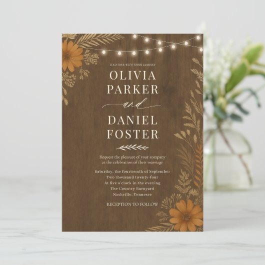 Invitation Boho Rustic Country Wood String Lights Wedding  (Debout devant)