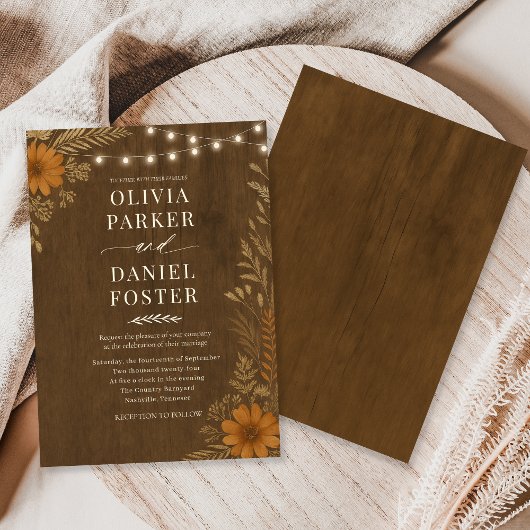 Invitation Boho Rustic Country Wood String Lights Wedding 
