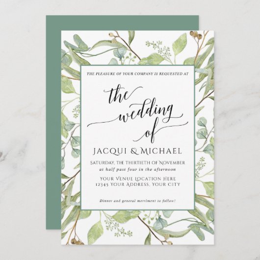 Invitation BOHO Rustic Eucalyptus Foliage Mariage d'aquarelle (Devant / Derrière)