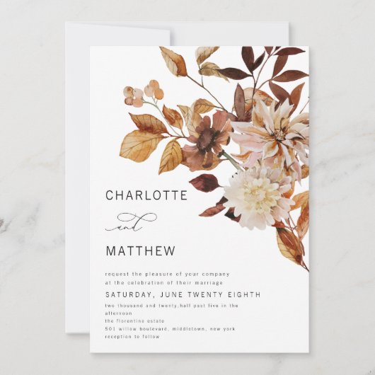Invitation Boho Rustic Fall Floral Bural Orange Mariage (Devant)
