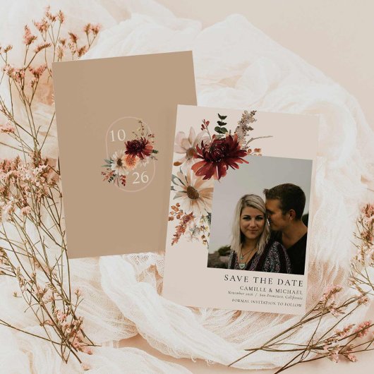 Invitation Boho Rustic Fall Floral Photo Enregistrer la date