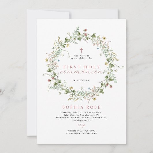 Invitation Boho Rustic Fleurs sauvages Première Communion sai (Devant)