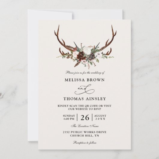Invitation Boho Rustic Floral Antlers Budget QR Code Wedding (Devant)