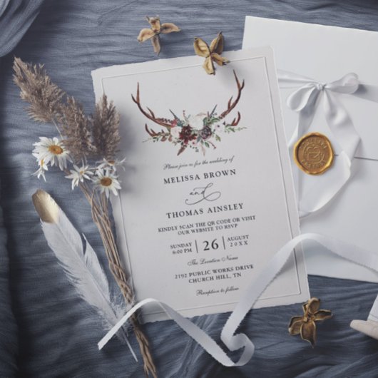 Invitation Boho Rustic Floral Antlers Budget QR Code Wedding