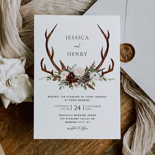 Invitation Boho Rustic Floral Antlers Mariage