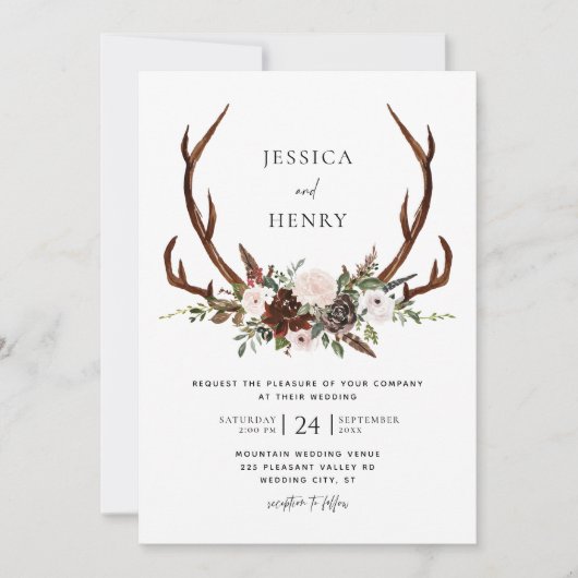 Invitation Boho Rustic Floral Antlers Mariage (Devant)