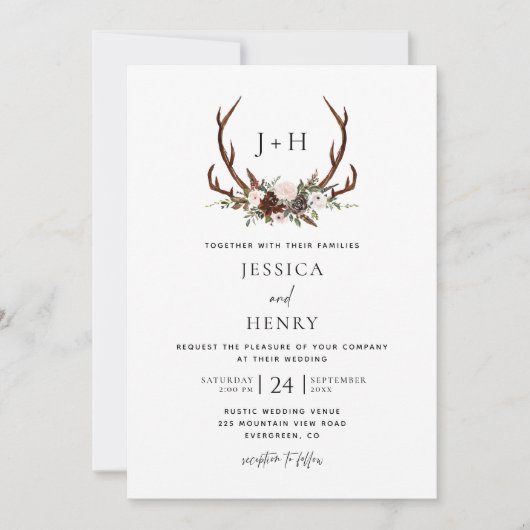 Invitation Boho Rustic Floral Antlers Mariage Photo (Devant)