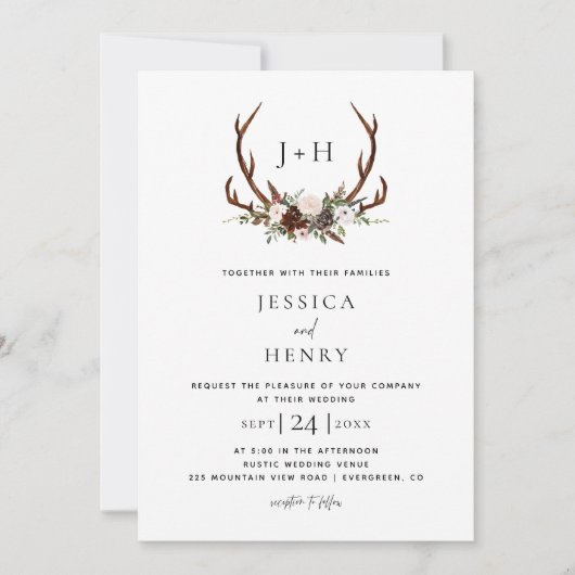Invitation Boho Rustic Floral Antlers Mariage QR Code (Devant)