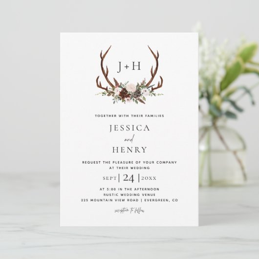 Invitation Boho Rustic Floral Antlers Mariage QR Code (Debout devant)