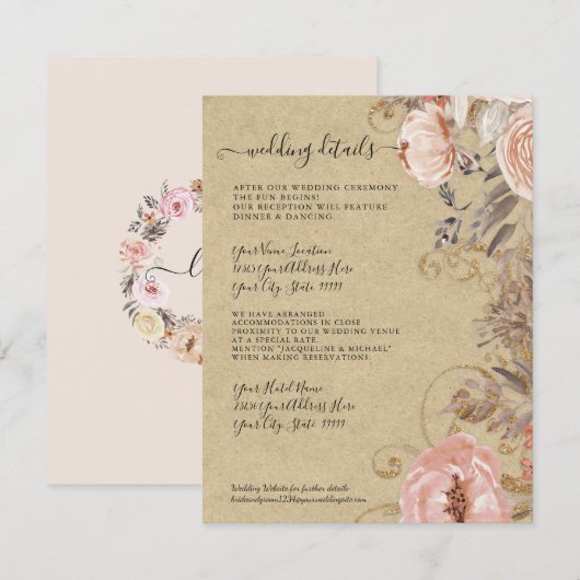 Invitation Boho Rustic Floral Blush Rose Gold Détails Mariage (Devant / Derrière)