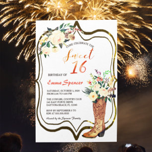 Invitation Boho Rustic Floral Boots Sweet 16 B'day