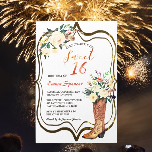 Invitation Boho Rustic Floral Boots Sweet 16 B'day