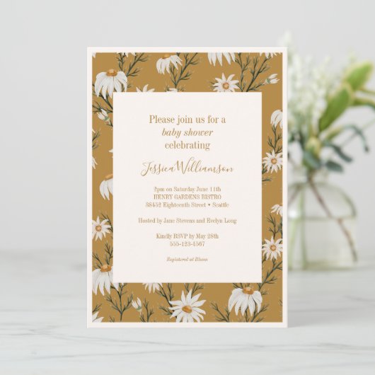 Invitation Boho Rustic Floral Daisies Baby shower Jaune (Debout devant)