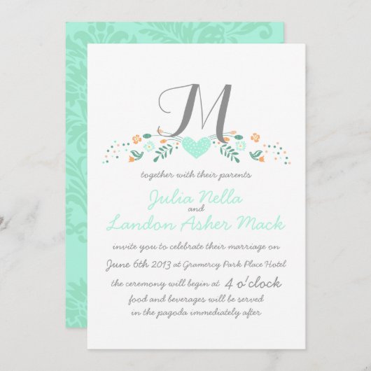 Invitation Boho Rustic Folk Art Mint Mariage (Devant / Derrière)