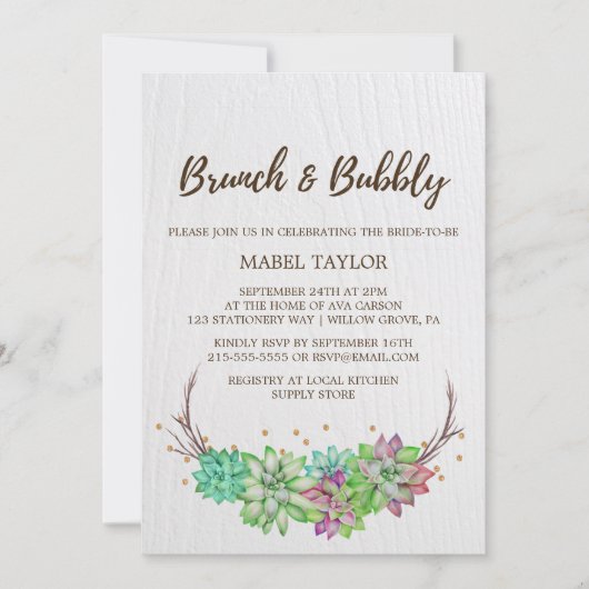 Invitation Boho Rustic Mint Floral Succulent Brunch & Bubbly (Devant)