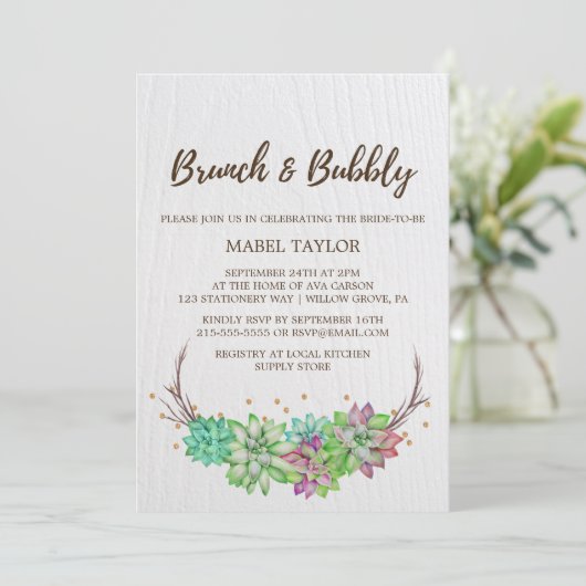 Invitation Boho Rustic Mint Floral Succulent Brunch & Bubbly (Debout devant)