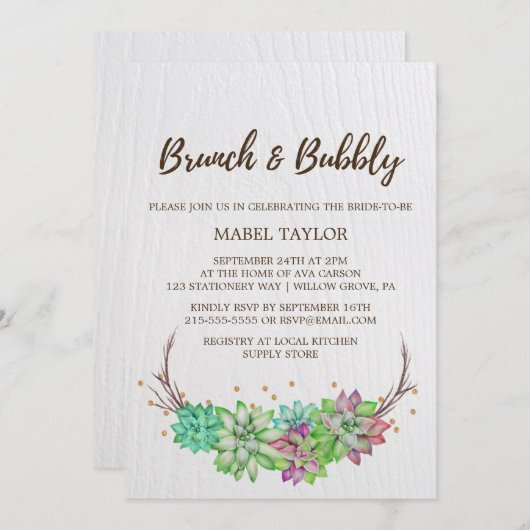 Invitation Boho Rustic Mint Floral Succulent Brunch & Bubbly (Devant / Derrière)