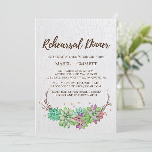 Invitation Boho Rustic Mint Floral Succulent Dîner de répétit (Debout devant)