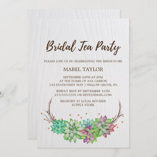 Invitation Boho Rustic Mint Floral Succulent Tea Party (Devant / Derrière)