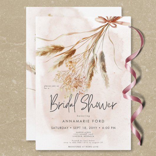 Invitation Boho Rustic Pampas & Fête des mariées de bouquet s
