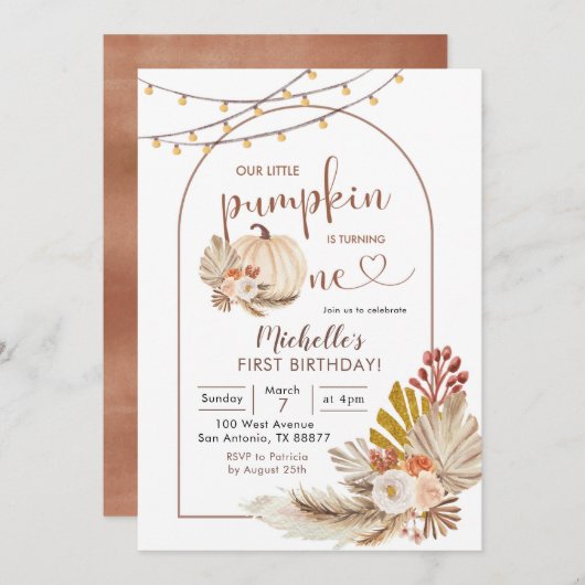Invitation Boho Rustic Pampas Grass Blanc Citrouille Annivers (Devant / Derrière)
