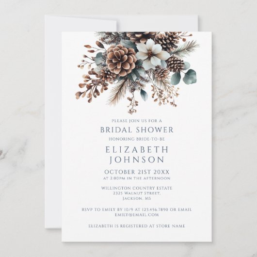 Invitation Boho Rustic Pinecone Floral QR Code Fête des marié (Devant)