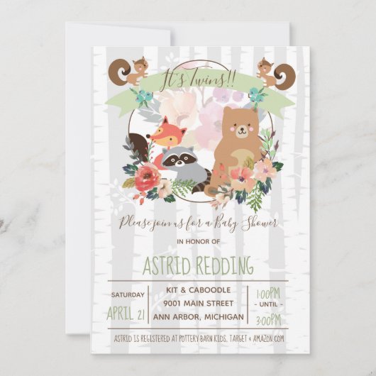 Invitation Boho Rustic Spring Birch Woodland Twins Douche (Devant)