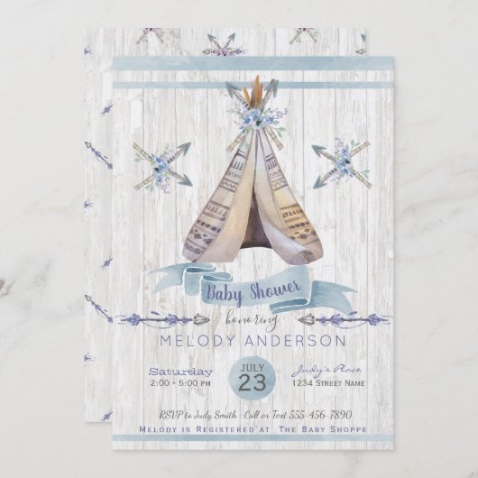 Invitation Boho Rustic Tipi & Flèches Blue Boy Baby shower (Devant / Derrière)