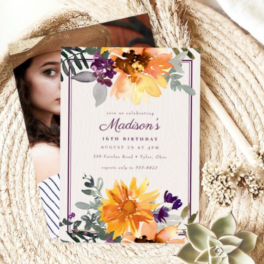 Invitation Boho Rustic Tournesol Fleur sauvage photo Annivers