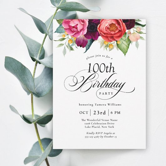 Invitation Boho Rustic Watercolor Floral 100e fête d'annivers