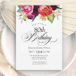 Invitation Boho Rustic Watercolor Floral 80e fête d'anniversa<br><div class="desc">Cette merveilleusement féminine et rustique boho style 80e anniversaire invitation a une somptueuse palette de couleurs riches en terre cuite, pêche profonde, rouge bordeaux, violet, turquoise et jaune. Les jolis éléments botaniques aquarelles ont un charme organique d'inspiration nature et faire pop l'invitation avec style. Élégant script de calligraphie épelle le...</div>