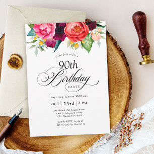 Invitation Boho Rustic Watercolor Floral 90e fête d'anniversa
