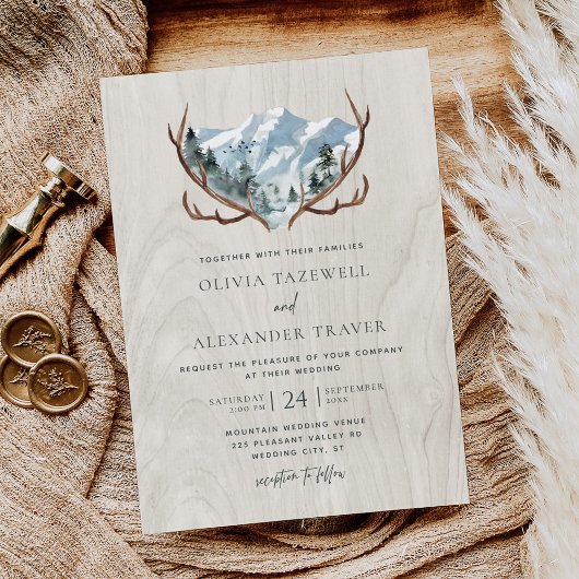 Invitation Boho Rustic Wood Antlers Mariage de montagne
