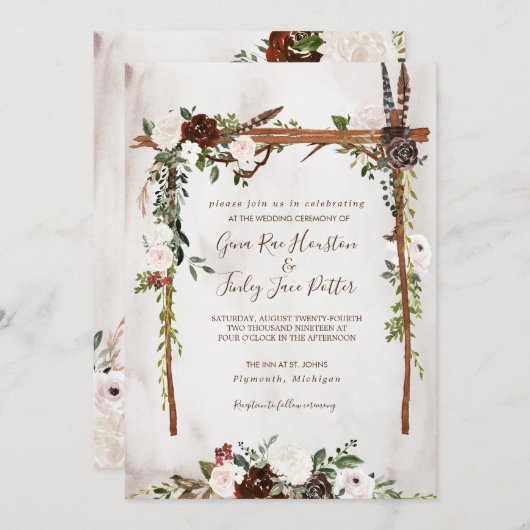 Invitation Boho Rustic Wood & Floral Arch Mariage (Devant / Derrière)