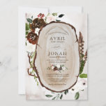 Invitation Boho Rustic Wood & Floral Bourgogne Mariage Rose<br><div class="desc">Une belle faire-part de mariage aquarelle avec des fleurs boho rustiques en bordeaux, chocolat, blanc et roux, sur une tranche de bois avec fleurs et plumes. Parfait pour votre cérémonie de mariage à thème extérieur, rustique, nature ou boho. Customisez le texte pour dire tout ce dont vous avez besoin. Peut...</div>