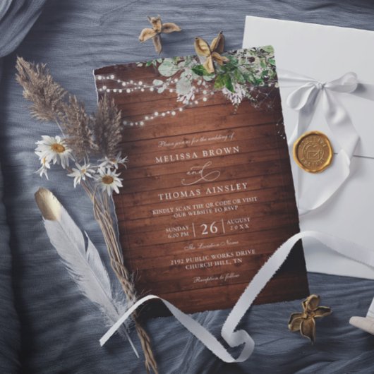 Invitation Boho Rustic Wood Greenery Elegant QR Code Wedding