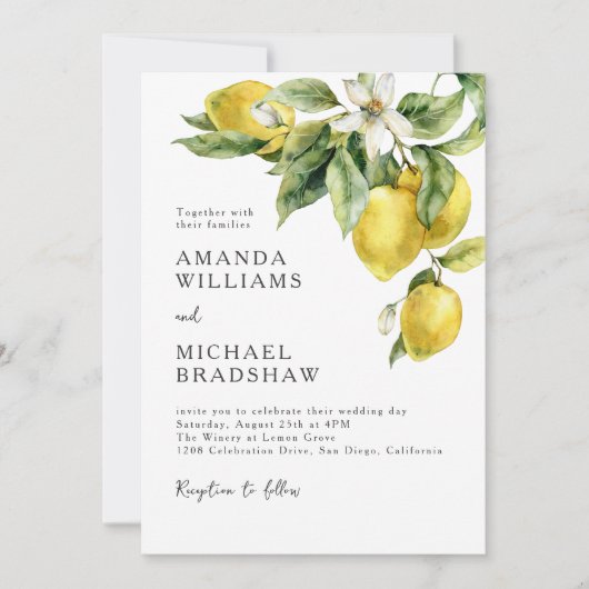 Invitation Boho rustique Aquarelle Citrons Citrus Mariage (Devant)