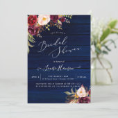 Invitation Boho rustique Aquarelle Marsala Peonies Bois bleu (Debout devant)