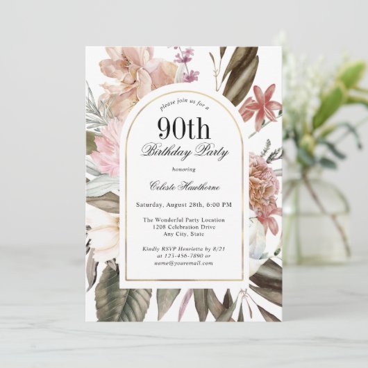 Invitation Boho Rustique Arch Frame Floral 90e fête d'anniver (Debout devant)