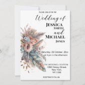 Invitation Boho rustique argent et Mariage floral rose (Devant)