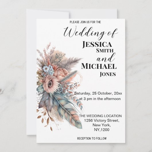 Invitation Boho rustique argent et Mariage floral rose (Devant)