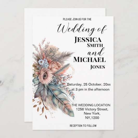 Invitation Boho rustique argent et Mariage floral rose (Devant / Derrière)