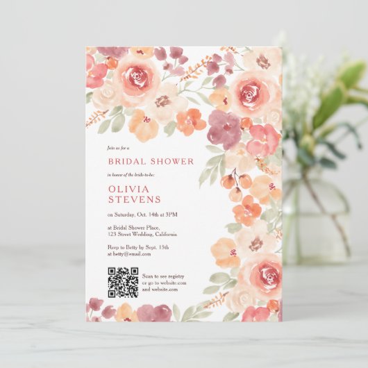 Invitation Boho rustique automne pêche blush qr code nuptiale (Debout devant)