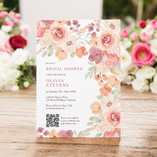 Invitation Boho rustique automne pêche blush qr code nuptiale