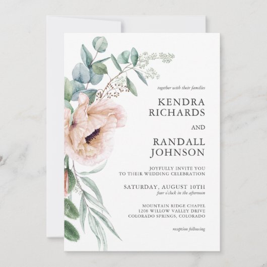Invitation Boho Rustique Blush Floral et Mariage de verdure (Devant)