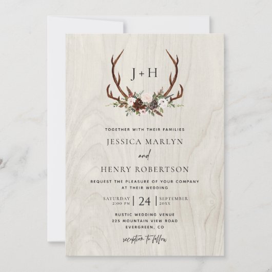 Invitation Boho rustique Boho Antlers Monogram Mariage (Devant)