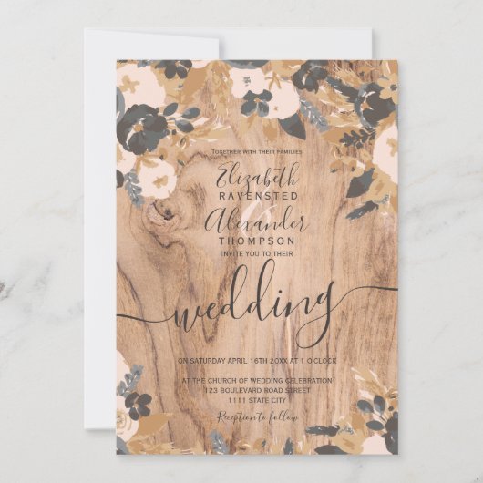 Invitation Boho rustique bois brun coton pampas mariage (Devant)