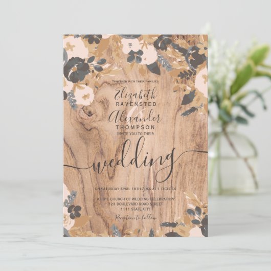 Invitation Boho rustique bois brun coton pampas mariage (Debout devant)